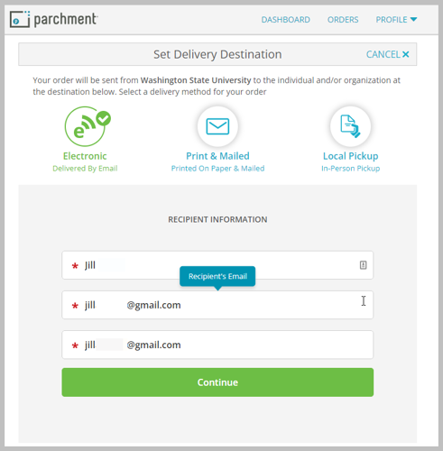 Parchment enter transcript recipient information